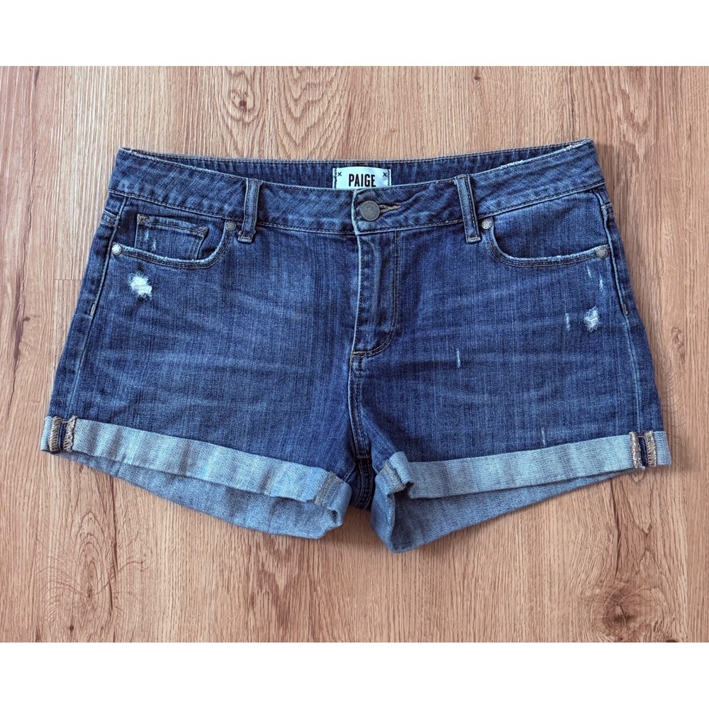 PAIGE Womens Jimmy Jimmy Blue Distressed Cuffed Denim Shorts Size 28 Medium Wash
